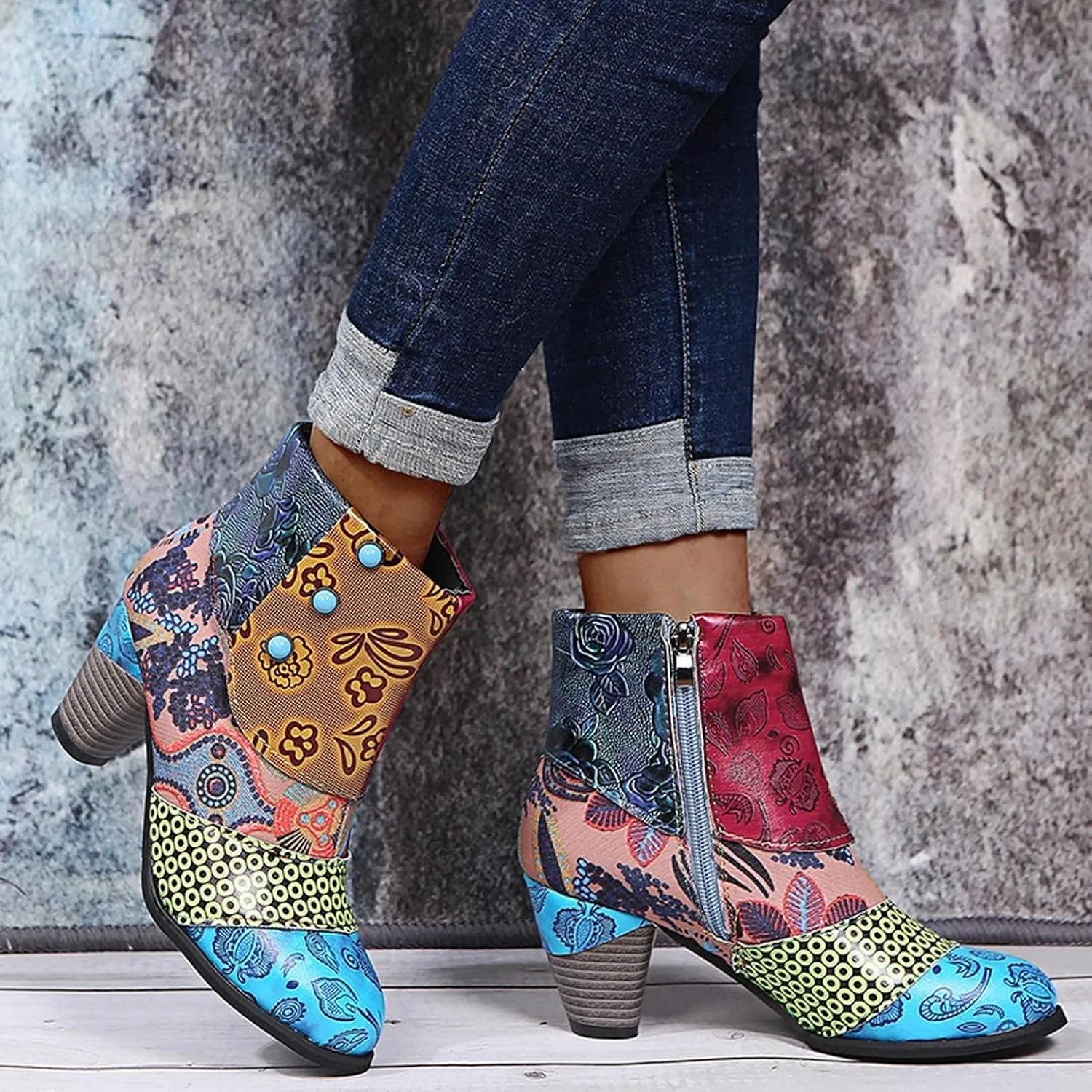 Hbeylia Boots For Women Fashion Snake Leather Round Toe Pump Ankle Booties Trendy Chunky High Heels Dress Short Boots For Ladies