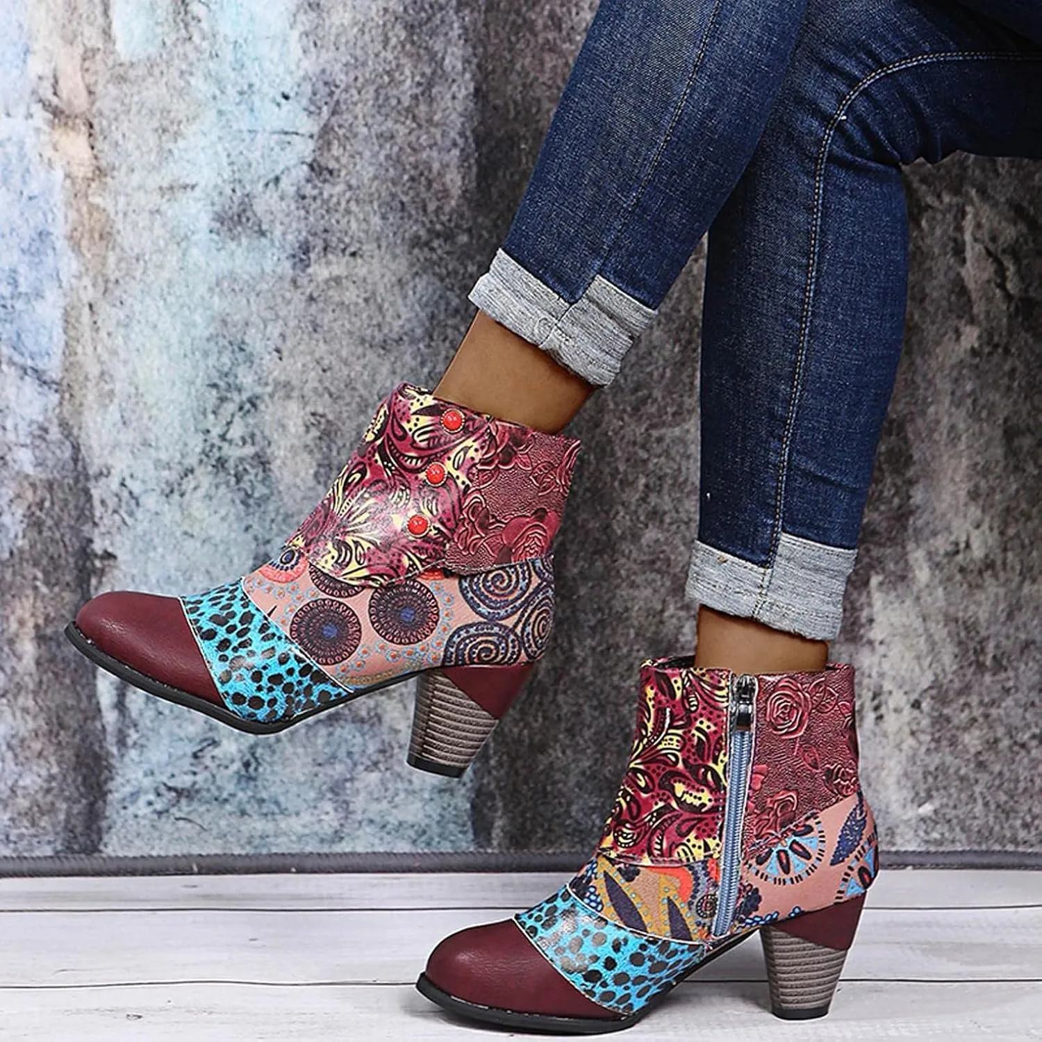 Hbeylia Boots For Women Fashion Snake Leather Round Toe Pump Ankle Booties Trendy Chunky High Heels Dress Short Boots For Ladies