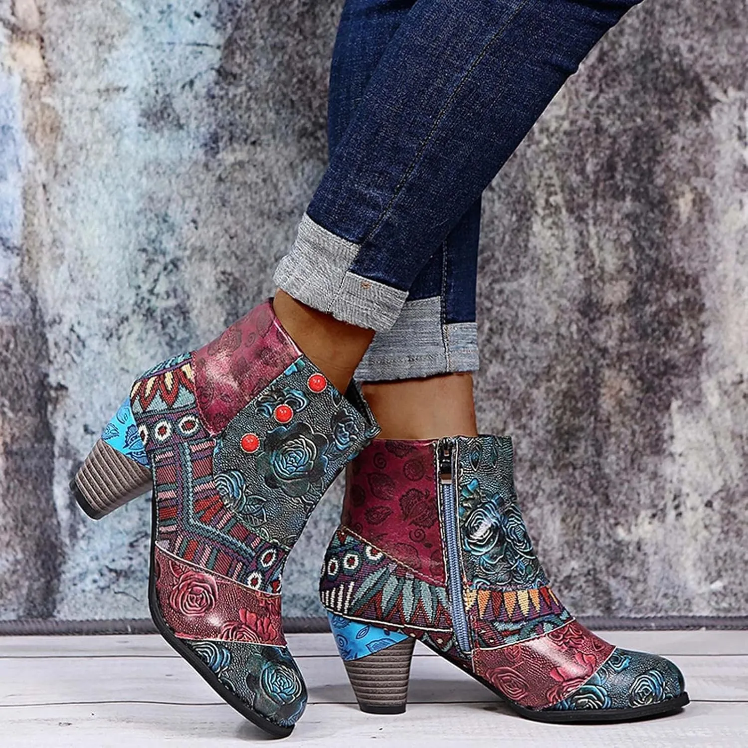 Hbeylia Boots For Women Fashion Snake Leather Round Toe Pump Ankle Booties Trendy Chunky High Heels Dress Short Boots For Ladies