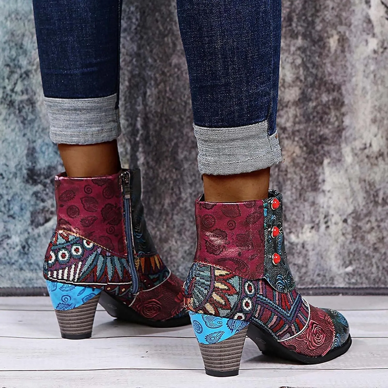 Hbeylia Boots For Women Fashion Snake Leather Round Toe Pump Ankle Booties Trendy Chunky High Heels Dress Short Boots For Ladies