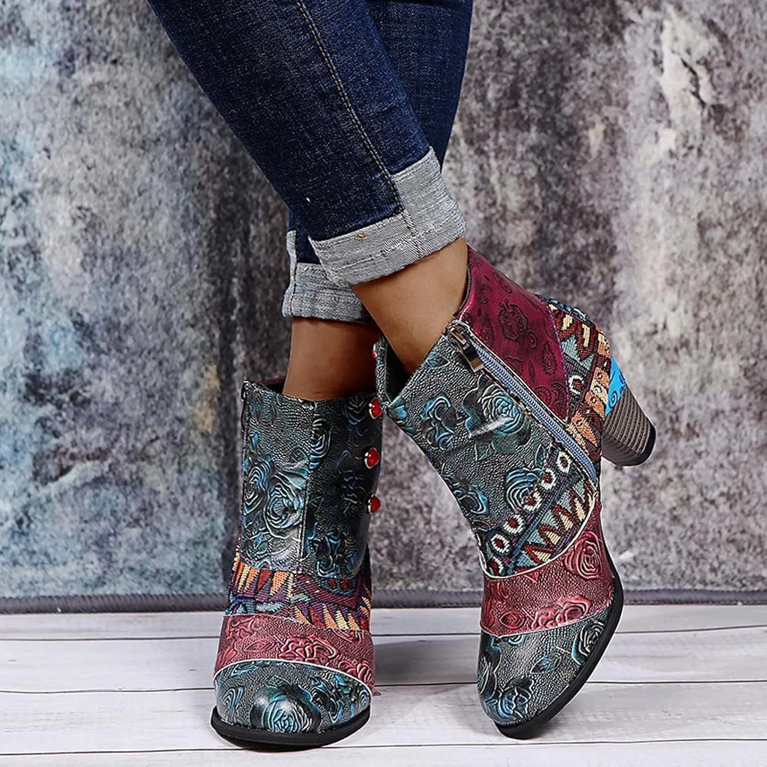 Hbeylia Boots For Women Fashion Snake Leather Round Toe Pump Ankle Booties Trendy Chunky High Heels Dress Short Boots For Ladies