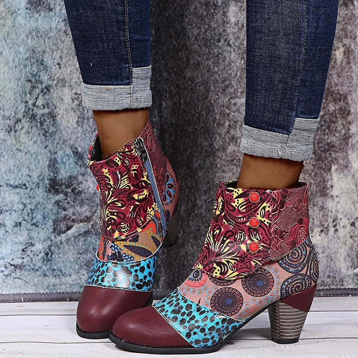 Hbeylia Boots For Women Fashion Snake Leather Round Toe Pump Ankle Booties Trendy Chunky High Heels Dress Short Boots For Ladies