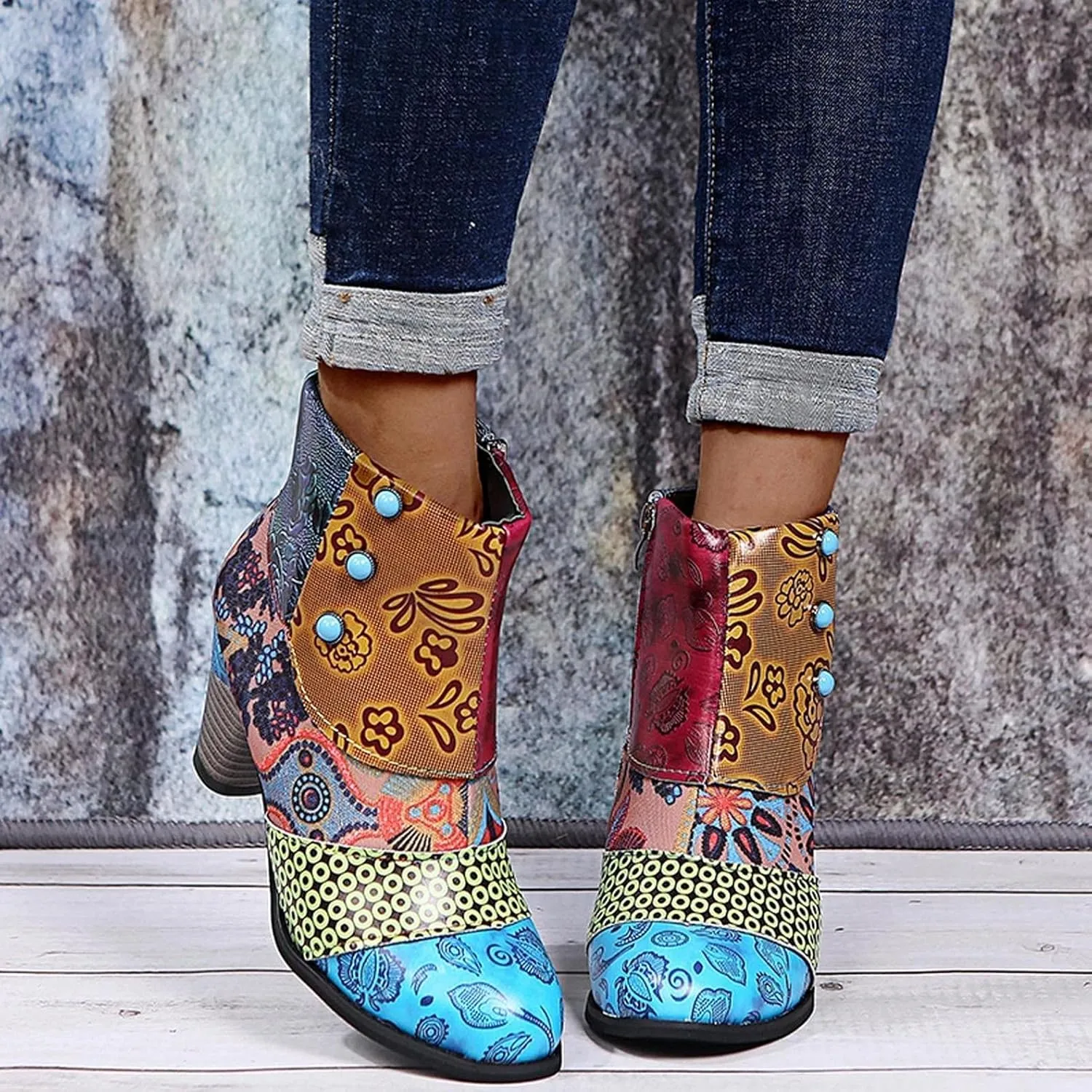 Hbeylia Boots For Women Fashion Snake Leather Round Toe Pump Ankle Booties Trendy Chunky High Heels Dress Short Boots For Ladies