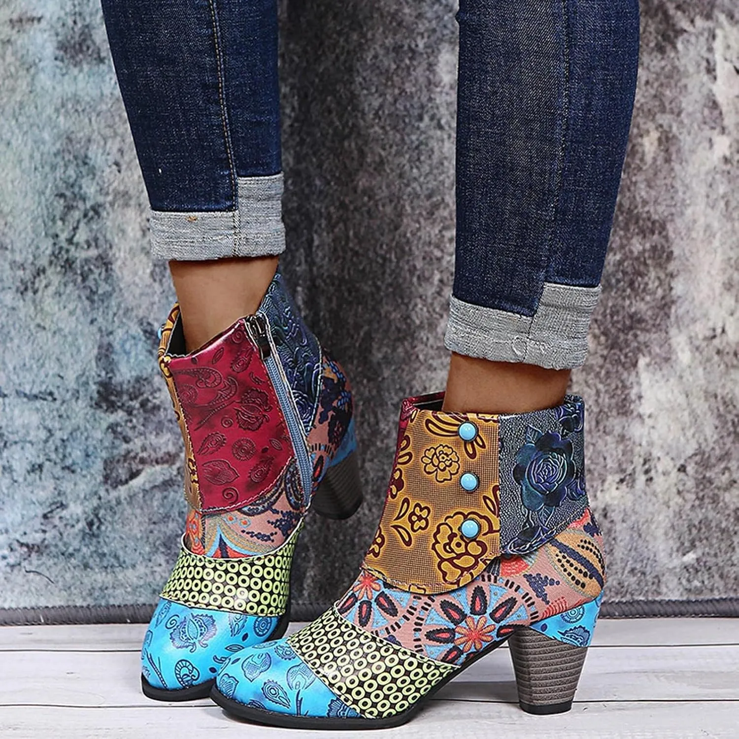 Hbeylia Boots For Women Fashion Snake Leather Round Toe Pump Ankle Booties Trendy Chunky High Heels Dress Short Boots For Ladies