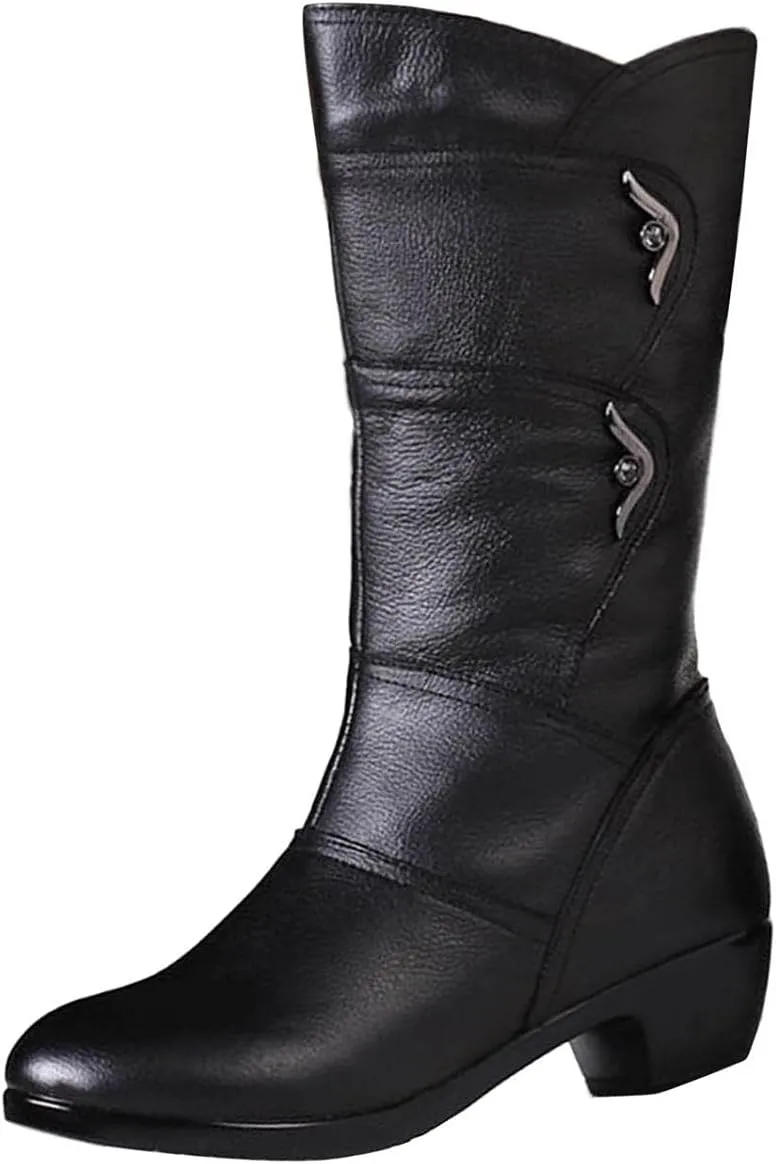 Hbeylia Boots For Women Ladies Fashion Casual Leather Round Toe Chunky Block Low Heels Mid Calf Riding Boots With Side Zip Soft Dress Short Boots For Fall Winter Christmas Halloween Party Decoration