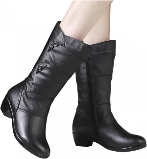 Hbeylia Boots For Women Ladies Fashion Casual Leather Round Toe Chunky Block Low Heels Mid Calf Riding Boots With Side Zip Soft Dress Short Boots For Fall Winter Christmas Halloween Party Decoration