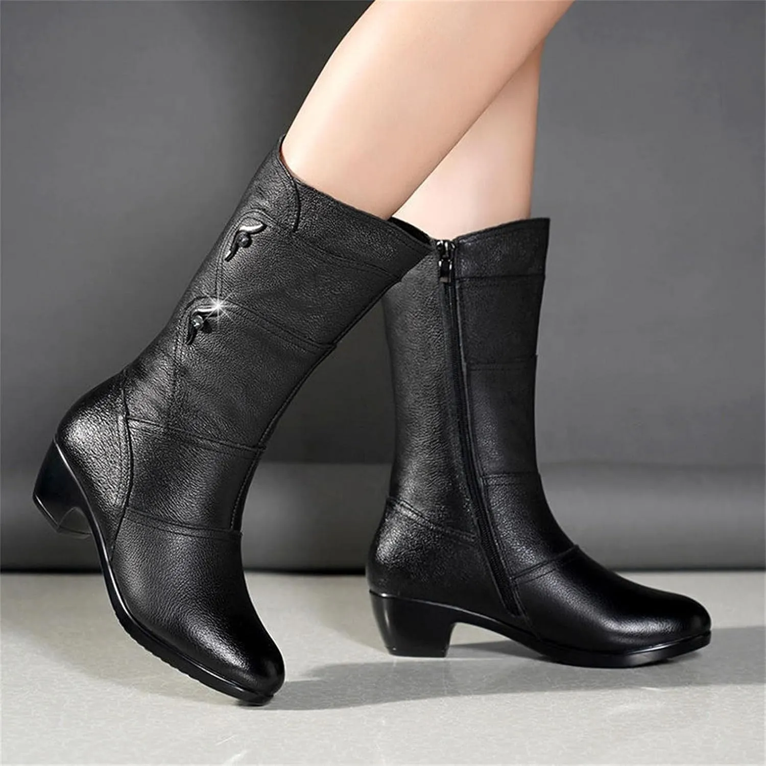 Hbeylia Boots For Women Ladies Fashion Casual Leather Round Toe Chunky Block Low Heels Mid Calf Riding Boots With Side Zip Soft Dress Short Boots For Fall Winter Christmas Halloween Party Decoration