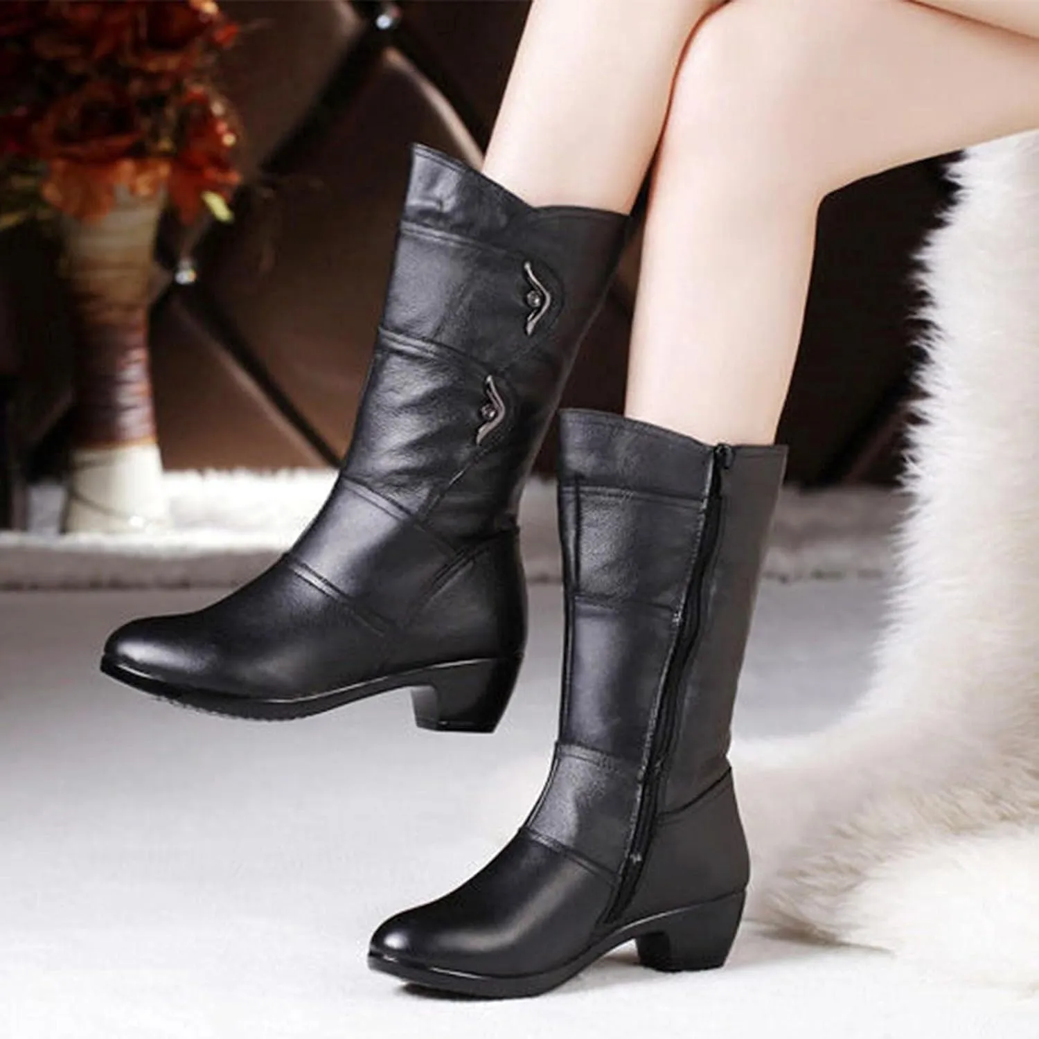 Hbeylia Boots For Women Ladies Fashion Casual Leather Round Toe Chunky Block Low Heels Mid Calf Riding Boots With Side Zip Soft Dress Short Boots For Fall Winter Christmas Halloween Party Decoration