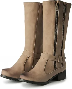 Hbeylia Boots For Women Vintage Leather Steel Toe Chunky Block Mid Heels Mid Calf Combat Boots With Side Double Zipper Retro Fashion Casual Motorcycle Riding Tall Boots Winter Shoes For Ladies