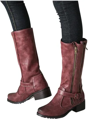 Hbeylia Boots For Women Vintage Leather Steel Toe Chunky Block Mid Heels Mid Calf Combat Boots With Side Double Zipper Retro Fashion Casual Motorcycle Riding Tall Boots Winter Shoes For Ladies