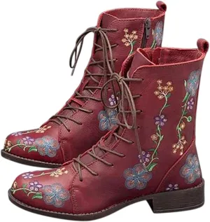 Hbeylia Combat Boots For Women Ethnic Vintage Flower Design Lace Up Leather Chunky Block Mid Heels Ankle Booties Boho Retro Casual Round Toe Dress Mid Calf Short Riding Boots Winter Fall Decor