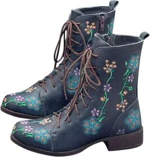 Hbeylia Combat Boots For Women Ethnic Vintage Flower Design Lace Up Leather Chunky Block Mid Heels Ankle Booties Boho Retro Casual Round Toe Dress Mid Calf Short Riding Boots Winter Fall Decor