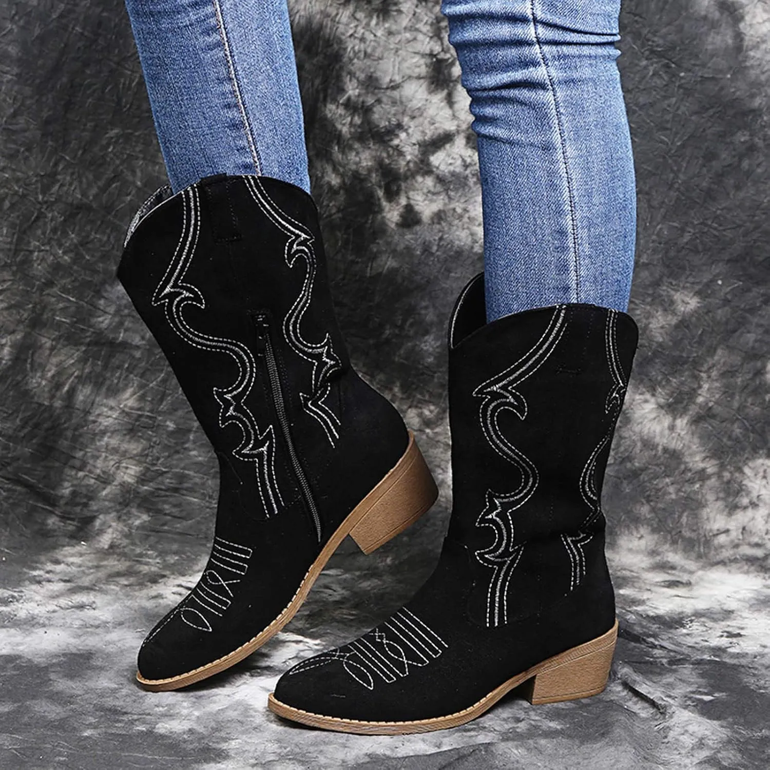 Hbeylia Cowboy Boots For Women Boho Embroidered Suede Wide Calf Western Cowgirl Boots With Side Zipper Bohemian Retro Chunky Low Heel Mid Calf Riding Boots Dress Winter Shoes For Ladies