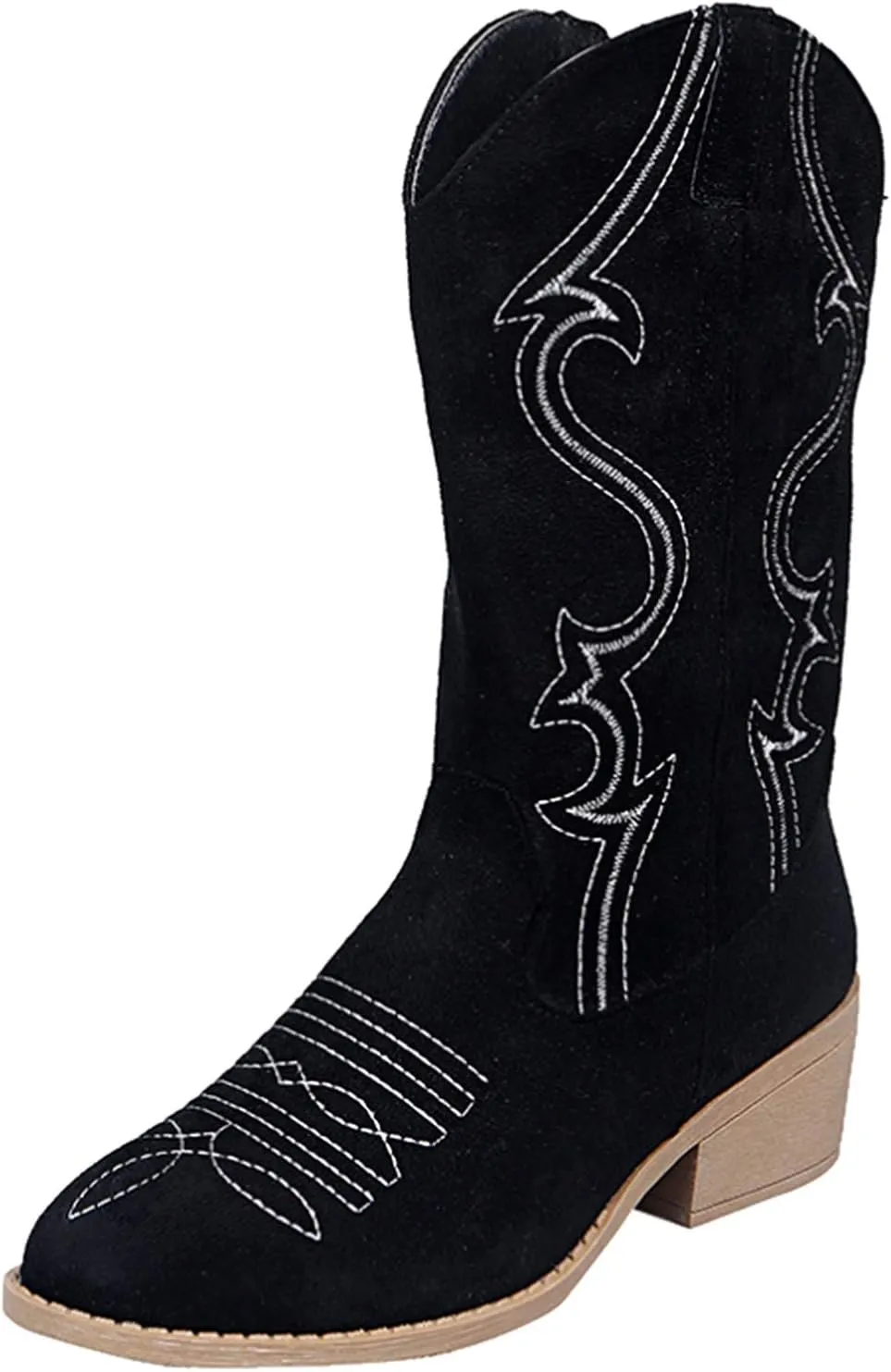 Hbeylia Cowboy Boots For Women Boho Embroidered Suede Wide Calf Western Cowgirl Boots With Side Zipper Bohemian Retro Chunky Low Heel Mid Calf Riding Boots Dress Winter Shoes For Ladies