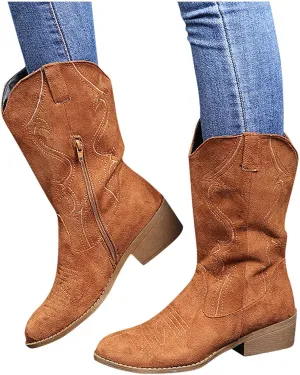 Hbeylia Cowboy Boots For Women Boho Embroidered Suede Wide Calf Western Cowgirl Boots With Side Zipper Bohemian Retro Chunky Low Heel Mid Calf Riding Boots Dress Winter Shoes For Ladies