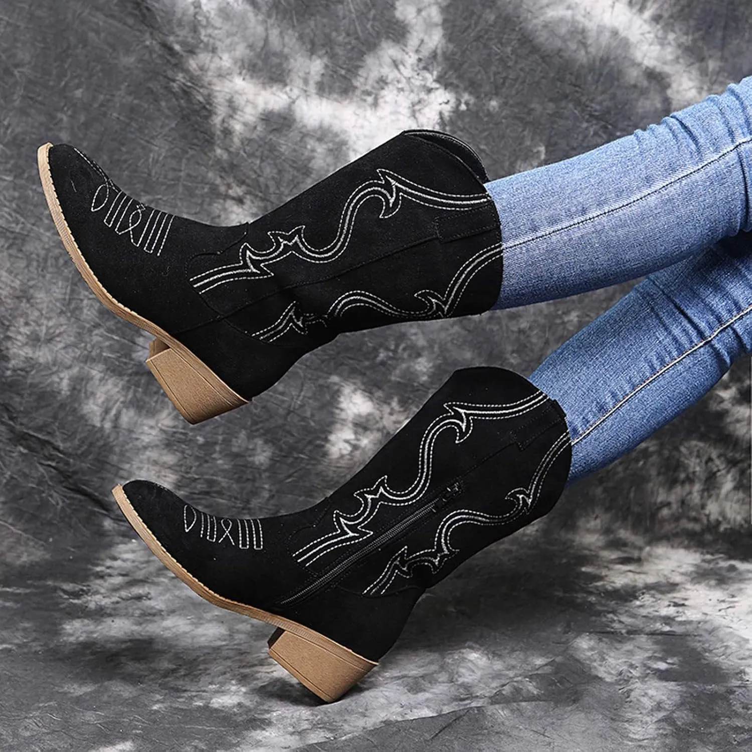 Hbeylia Cowboy Boots For Women Boho Embroidered Suede Wide Calf Western Cowgirl Boots With Side Zipper Bohemian Retro Chunky Low Heel Mid Calf Riding Boots Dress Winter Shoes For Ladies