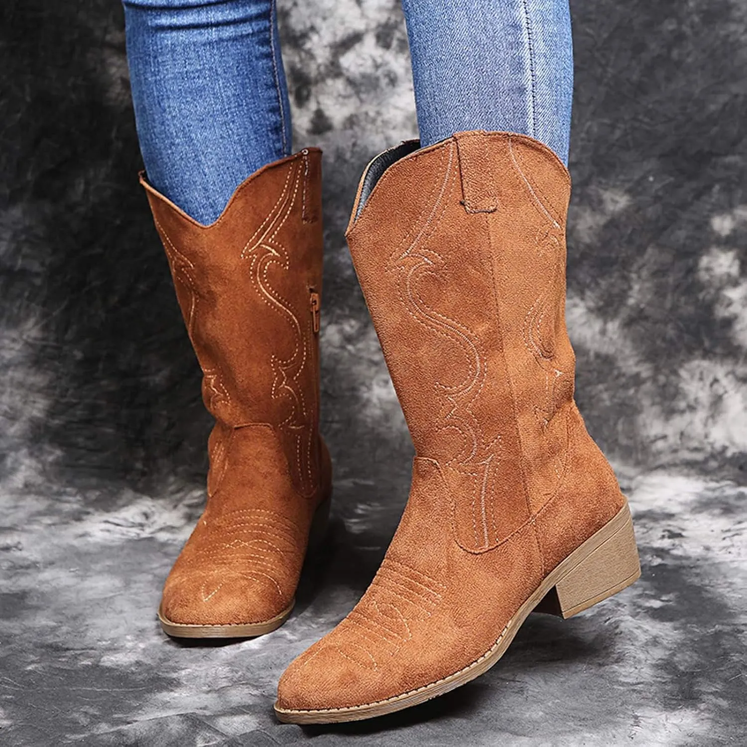 Hbeylia Cowboy Boots For Women Boho Embroidered Suede Wide Calf Western Cowgirl Boots With Side Zipper Bohemian Retro Chunky Low Heel Mid Calf Riding Boots Dress Winter Shoes For Ladies