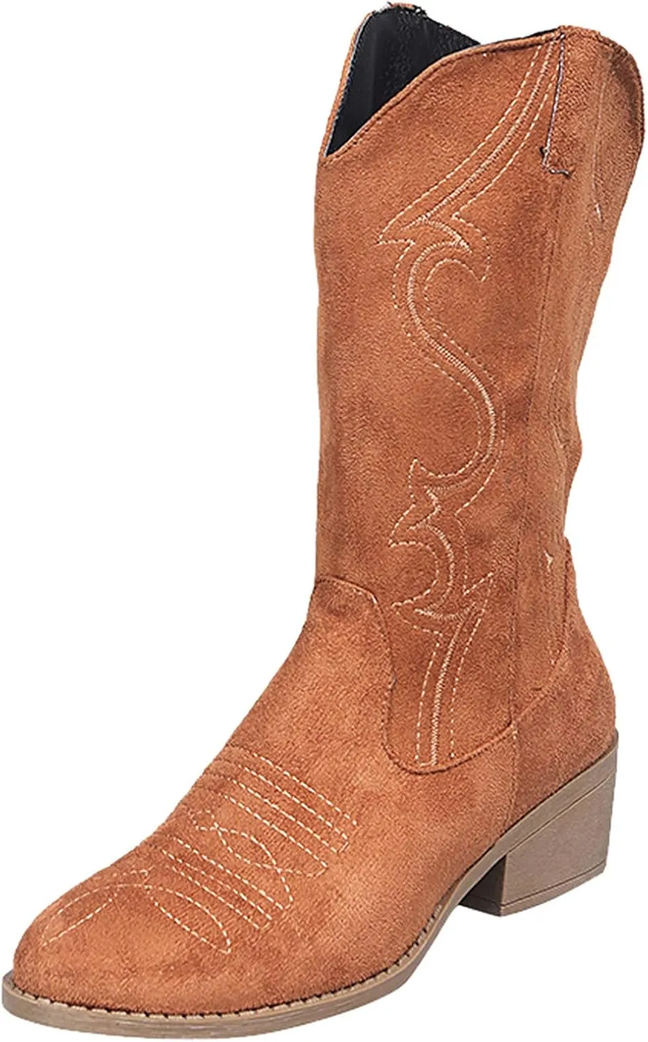 Hbeylia Cowboy Boots For Women Boho Embroidered Suede Wide Calf Western Cowgirl Boots With Side Zipper Bohemian Retro Chunky Low Heel Mid Calf Riding Boots Dress Winter Shoes For Ladies