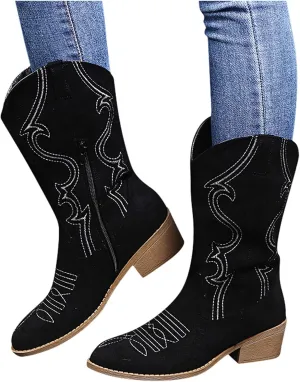 Hbeylia Cowboy Boots For Women Boho Embroidered Suede Wide Calf Western Cowgirl Boots With Side Zipper Bohemian Retro Chunky Low Heel Mid Calf Riding Boots Dress Winter Shoes For Ladies