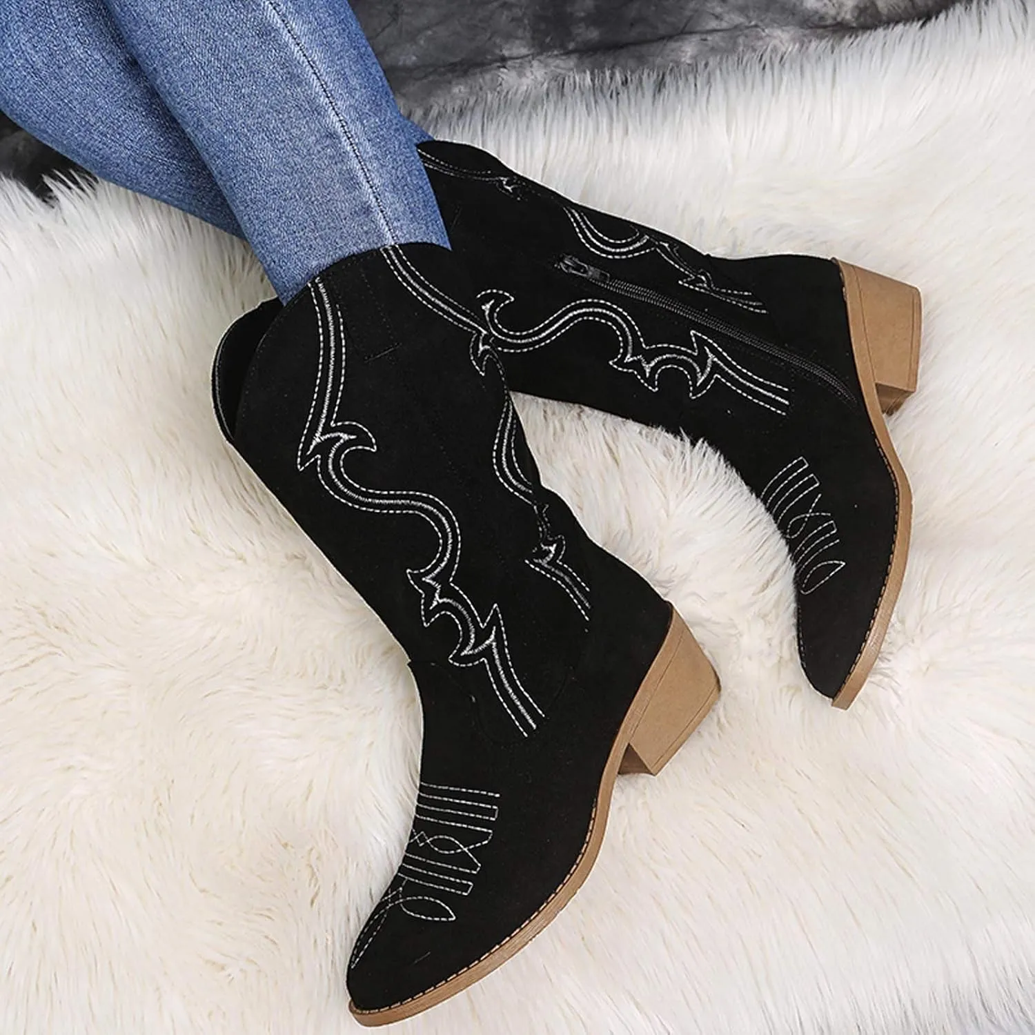 Hbeylia Cowboy Boots For Women Boho Embroidered Suede Wide Calf Western Cowgirl Boots With Side Zipper Bohemian Retro Chunky Low Heel Mid Calf Riding Boots Dress Winter Shoes For Ladies