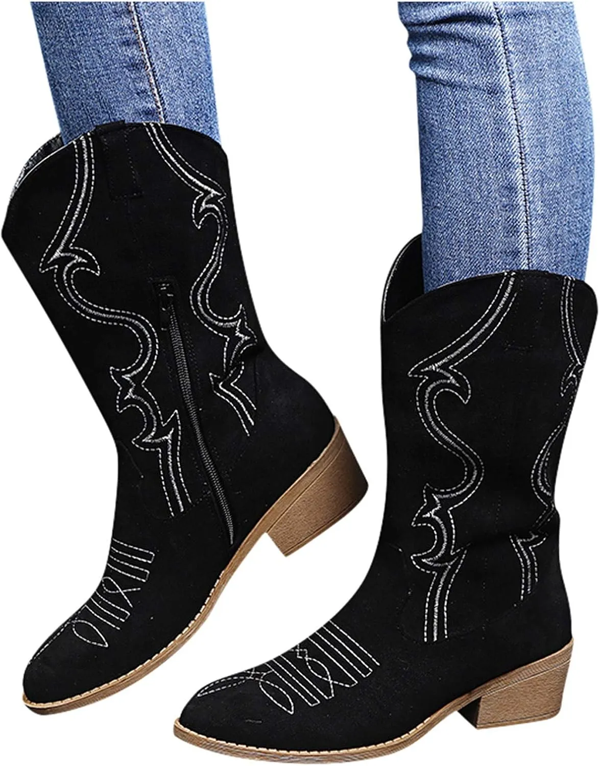 Hbeylia Cowboy Boots For Women Boho Embroidered Suede Wide Calf Western Cowgirl Boots With Side Zipper Bohemian Retro Chunky Low Heel Mid Calf Riding Boots Dress Winter Shoes For Ladies