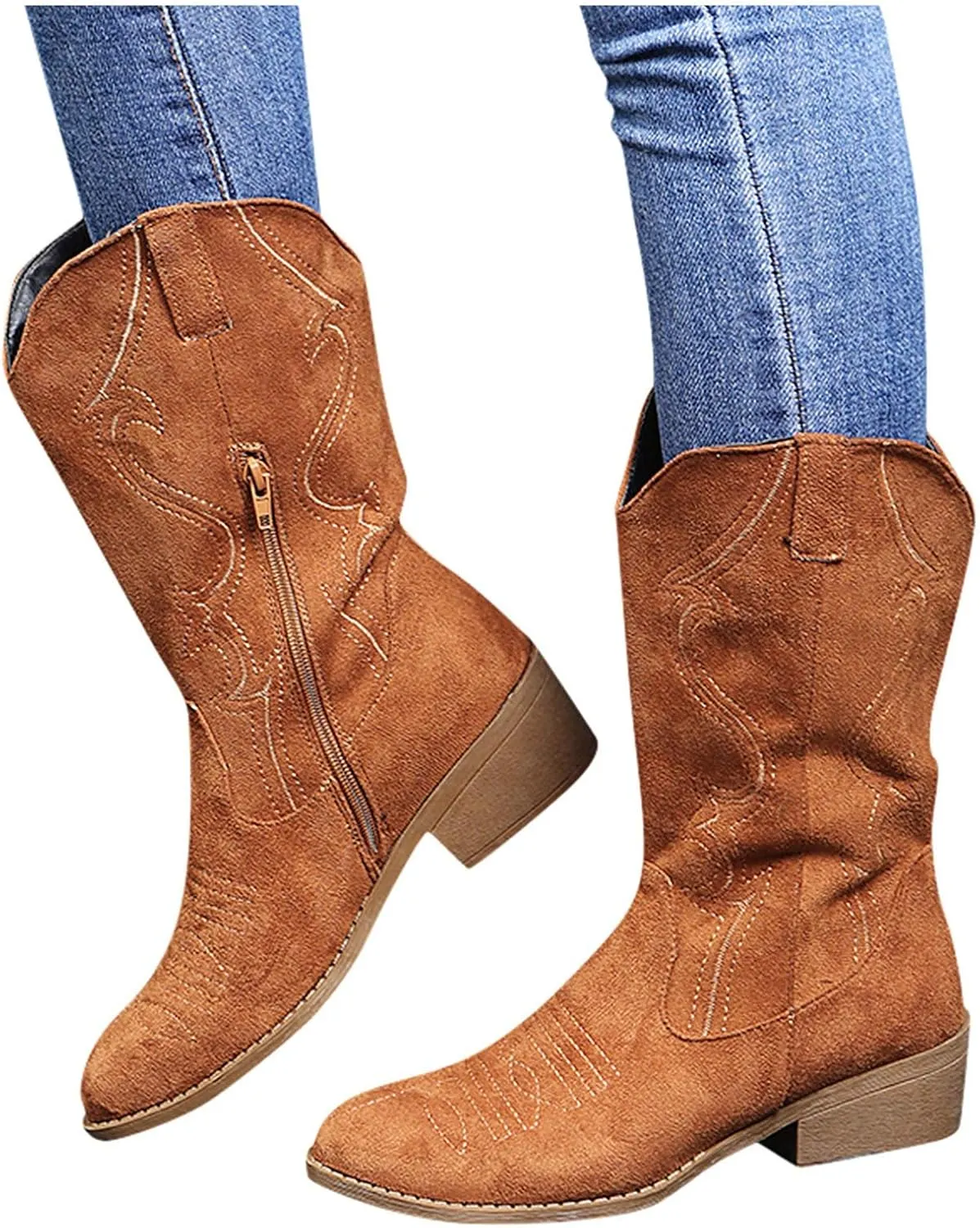 Hbeylia Cowboy Boots For Women Boho Embroidered Suede Wide Calf Western Cowgirl Boots With Side Zipper Bohemian Retro Chunky Low Heel Mid Calf Riding Boots Dress Winter Shoes For Ladies