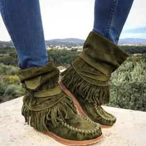 Hbeylia Cowboy Boots For Women Vintage Boho Fringe Tassel Platform Chunky Heel Western Cowgirl Boots Retro Ethnic Wedge Wide Mid Calf Booties Winter Warm Riding Short Ankle Boots For Girls