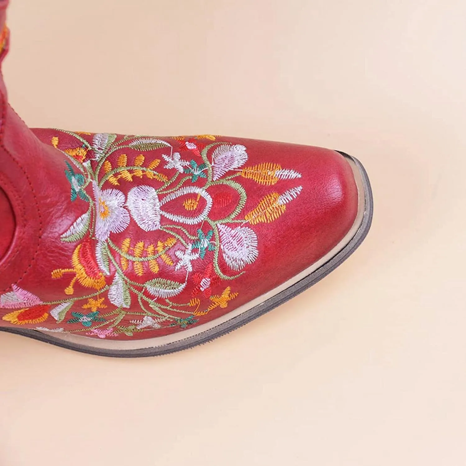 Hbeylia Cowboy Boots For Women Vintage Embroidery Pointed Toe Chunky Mid-Heels Western Cowgirls Boots Retro Slip On Wide Mid Calf Boots Riding Knight Ankle Booties