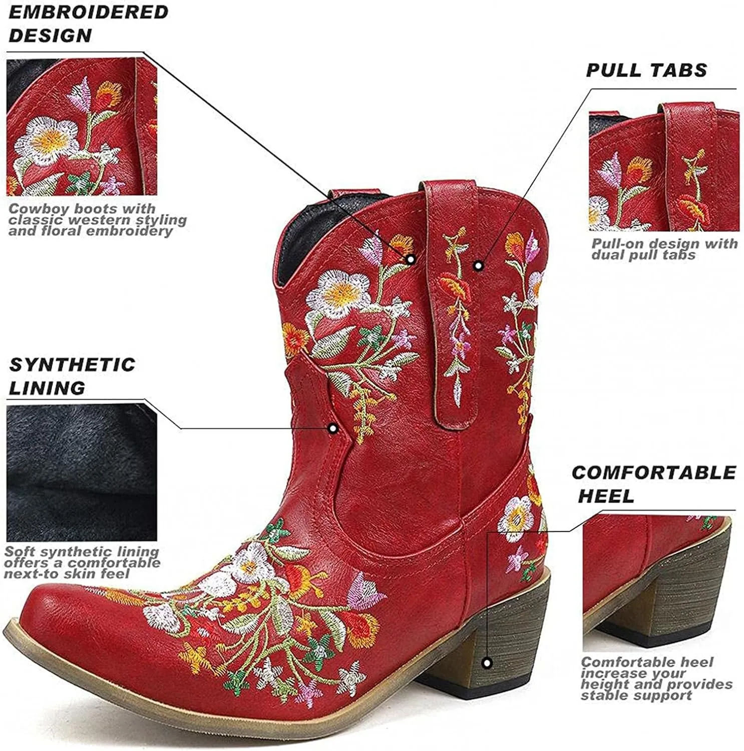 Hbeylia Cowboy Boots For Women Vintage Embroidery Pointed Toe Chunky Mid-Heels Western Cowgirls Boots Retro Slip On Wide Mid Calf Boots Riding Knight Ankle Booties