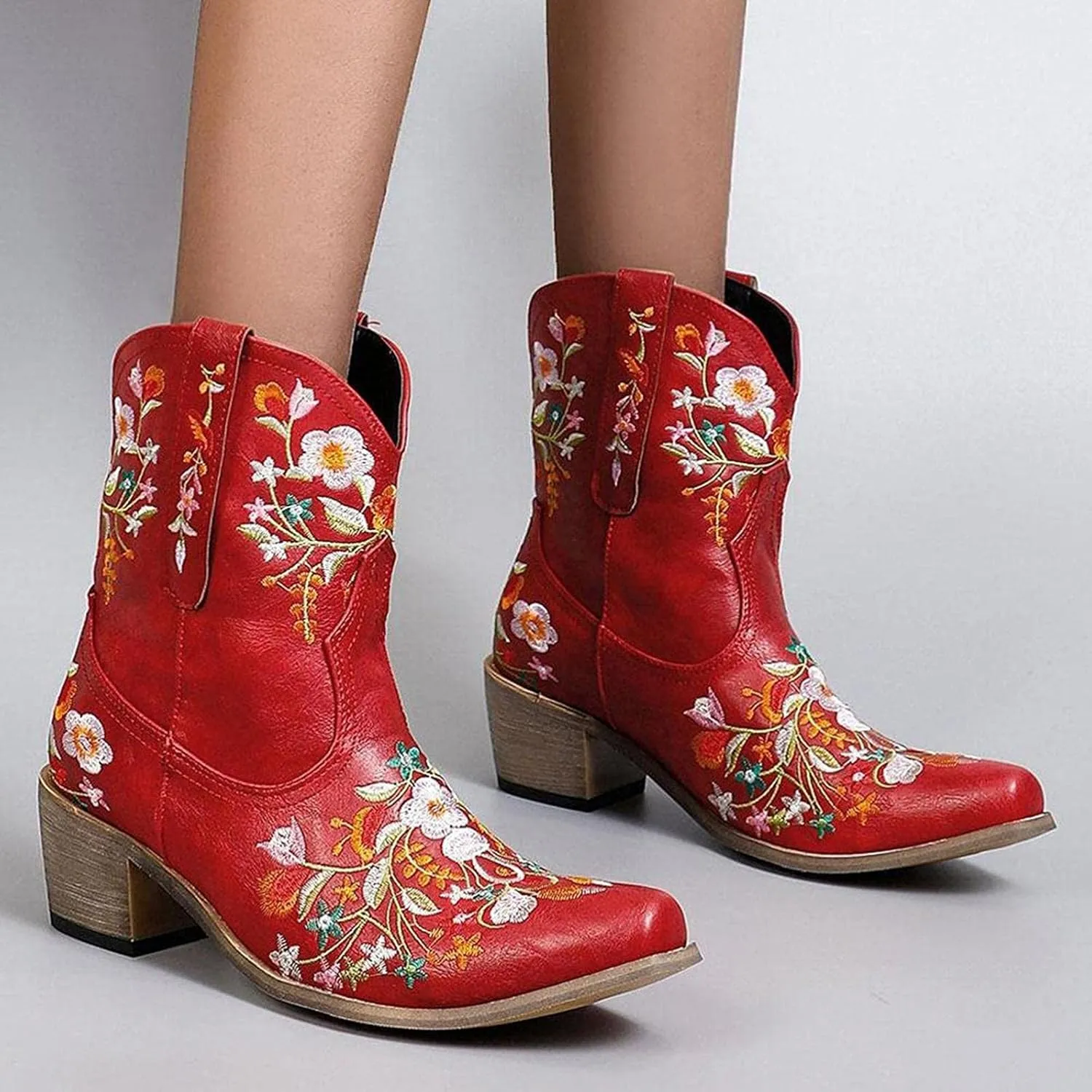 Hbeylia Cowboy Boots For Women Vintage Embroidery Pointed Toe Chunky Mid-Heels Western Cowgirls Boots Retro Slip On Wide Mid Calf Boots Riding Knight Ankle Booties