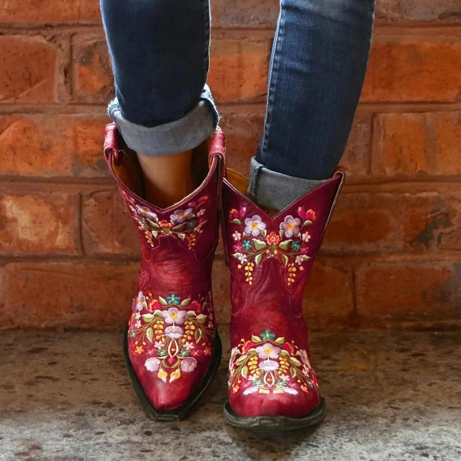 Hbeylia Cowboy Boots For Women Vintage Embroidery Pointed Toe Chunky Mid-Heels Western Cowgirls Boots Retro Slip On Wide Mid Calf Boots Riding Knight Ankle Booties