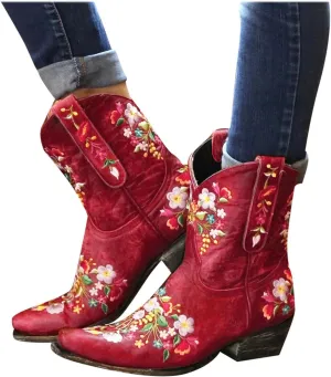 Hbeylia Cowboy Boots For Women Vintage Embroidery Pointed Toe Chunky Mid-Heels Western Cowgirls Boots Retro Slip On Wide Mid Calf Boots Riding Knight Ankle Booties
