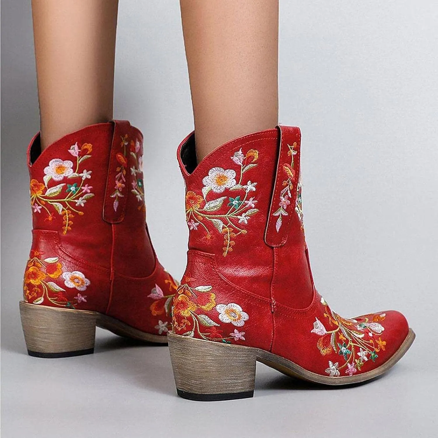 Hbeylia Cowboy Boots For Women Vintage Embroidery Pointed Toe Chunky Mid-Heels Western Cowgirls Boots Retro Slip On Wide Mid Calf Boots Riding Knight Ankle Booties