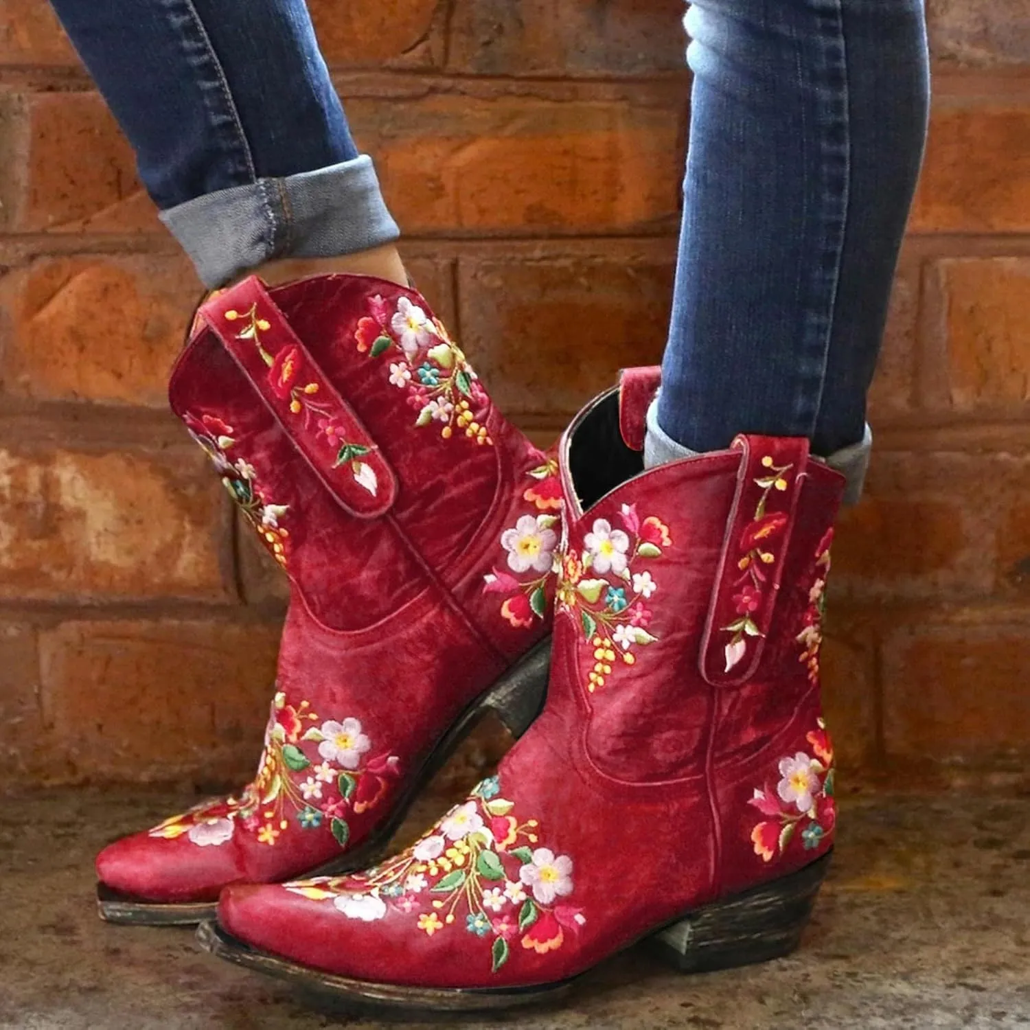 Hbeylia Cowboy Boots For Women Vintage Embroidery Pointed Toe Chunky Mid-Heels Western Cowgirls Boots Retro Slip On Wide Mid Calf Boots Riding Knight Ankle Booties