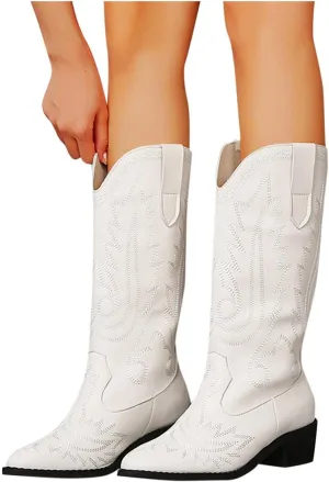 Hbeylia Cowboy Boots For Women Vintage Ethnic Western Cowgirls Boots Flower Embroidered Pointed Toe Chunky Heels Mid Calf Knight Riding Boots Boho Retro Winter Fall Dress Tall Boots For Ladies
