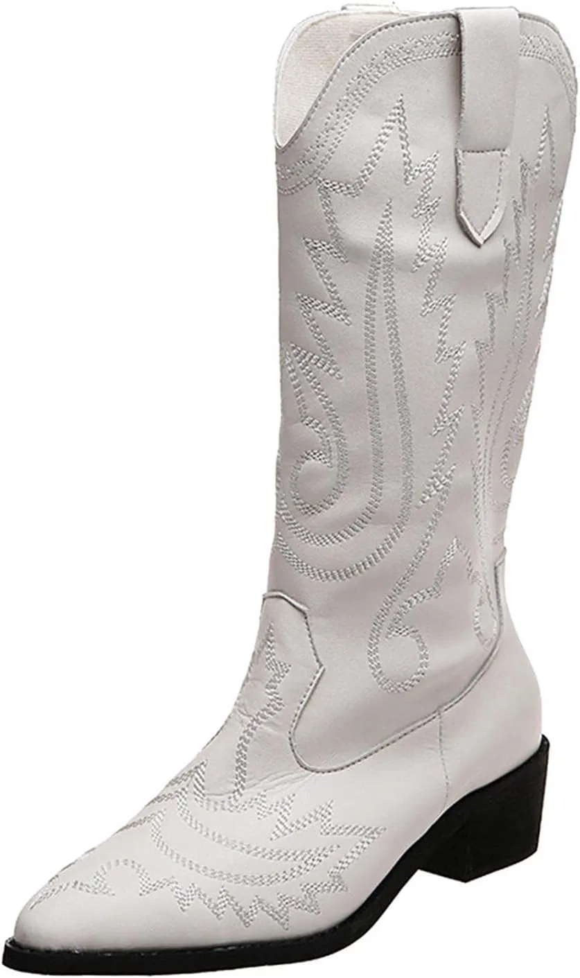 Hbeylia Cowboy Boots For Women Vintage Ethnic Western Cowgirls Boots Flower Embroidered Pointed Toe Chunky Heels Mid Calf Knight Riding Boots Boho Retro Winter Fall Dress Tall Boots For Ladies