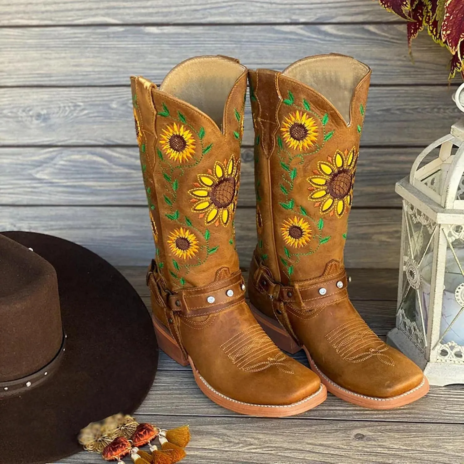 Hbeylia Ethnic Vintage Cowboy Cowgirls Boots For Women Ladies Sunflower Embroidered Fashion Casual Retro Rhinestones Square Toe Chunky Mid Heels Wide Calf Knight Riding Dress Short Boots Boho Beach
