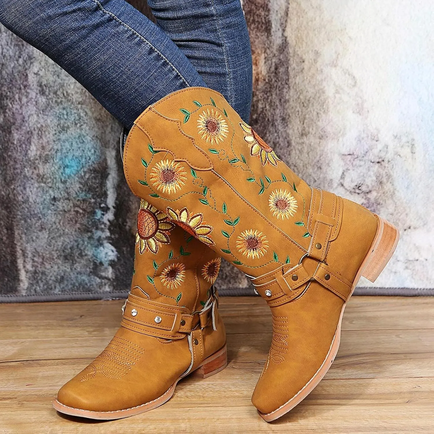 Hbeylia Ethnic Vintage Cowboy Cowgirls Boots For Women Ladies Sunflower Embroidered Fashion Casual Retro Rhinestones Square Toe Chunky Mid Heels Wide Calf Knight Riding Dress Short Boots Boho Beach