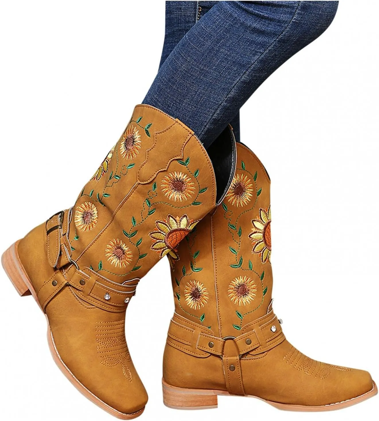 Hbeylia Ethnic Vintage Cowboy Cowgirls Boots For Women Ladies Sunflower Embroidered Fashion Casual Retro Rhinestones Square Toe Chunky Mid Heels Wide Calf Knight Riding Dress Short Boots Boho Beach