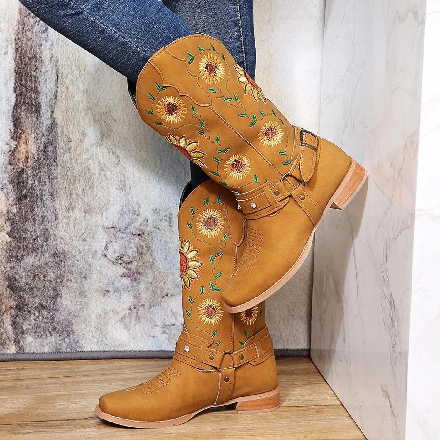 Hbeylia Ethnic Vintage Cowboy Cowgirls Boots For Women Ladies Sunflower Embroidered Fashion Casual Retro Rhinestones Square Toe Chunky Mid Heels Wide Calf Knight Riding Dress Short Boots Boho Beach
