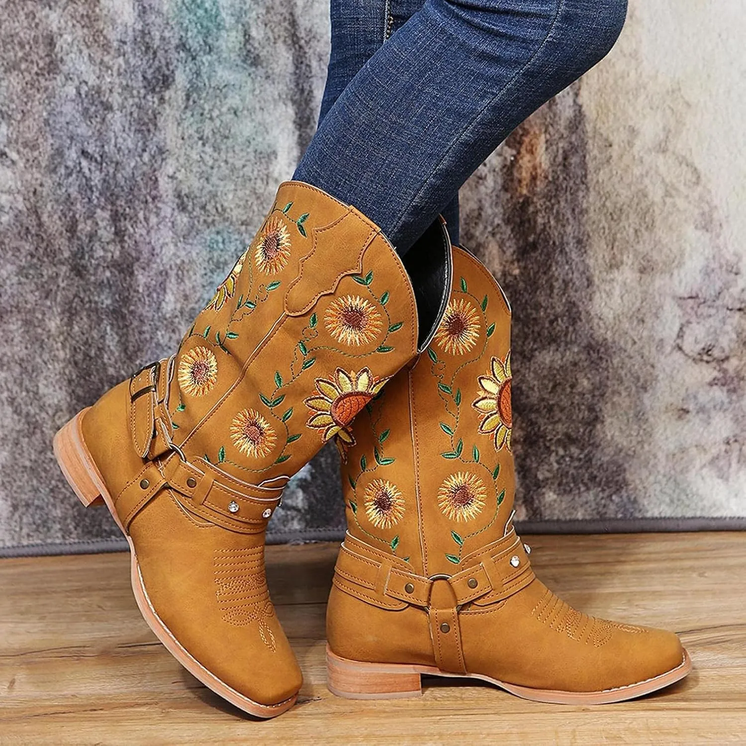 Hbeylia Ethnic Vintage Cowboy Cowgirls Boots For Women Ladies Sunflower Embroidered Fashion Casual Retro Rhinestones Square Toe Chunky Mid Heels Wide Calf Knight Riding Dress Short Boots Boho Beach