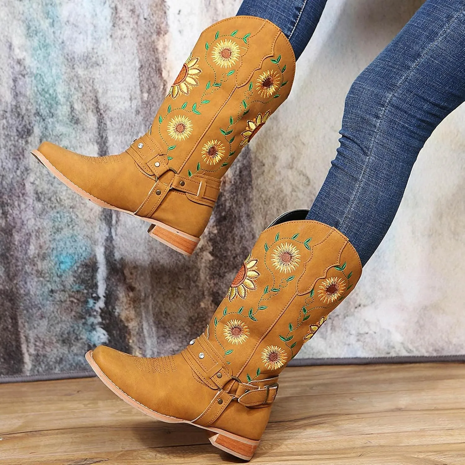 Hbeylia Ethnic Vintage Cowboy Cowgirls Boots For Women Ladies Sunflower Embroidered Fashion Casual Retro Rhinestones Square Toe Chunky Mid Heels Wide Calf Knight Riding Dress Short Boots Boho Beach