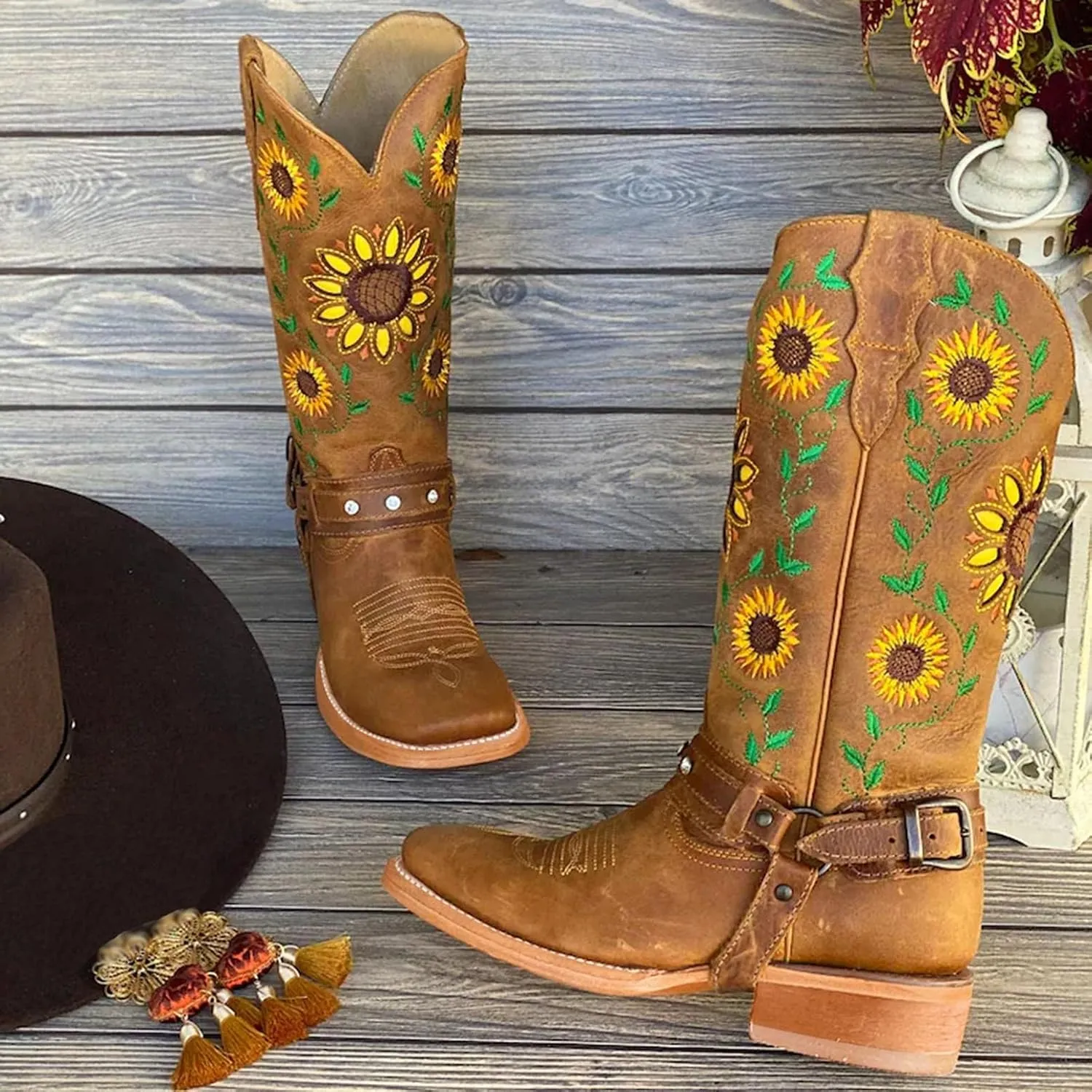 Hbeylia Ethnic Vintage Cowboy Cowgirls Boots For Women Ladies Sunflower Embroidered Fashion Casual Retro Rhinestones Square Toe Chunky Mid Heels Wide Calf Knight Riding Dress Short Boots Boho Beach