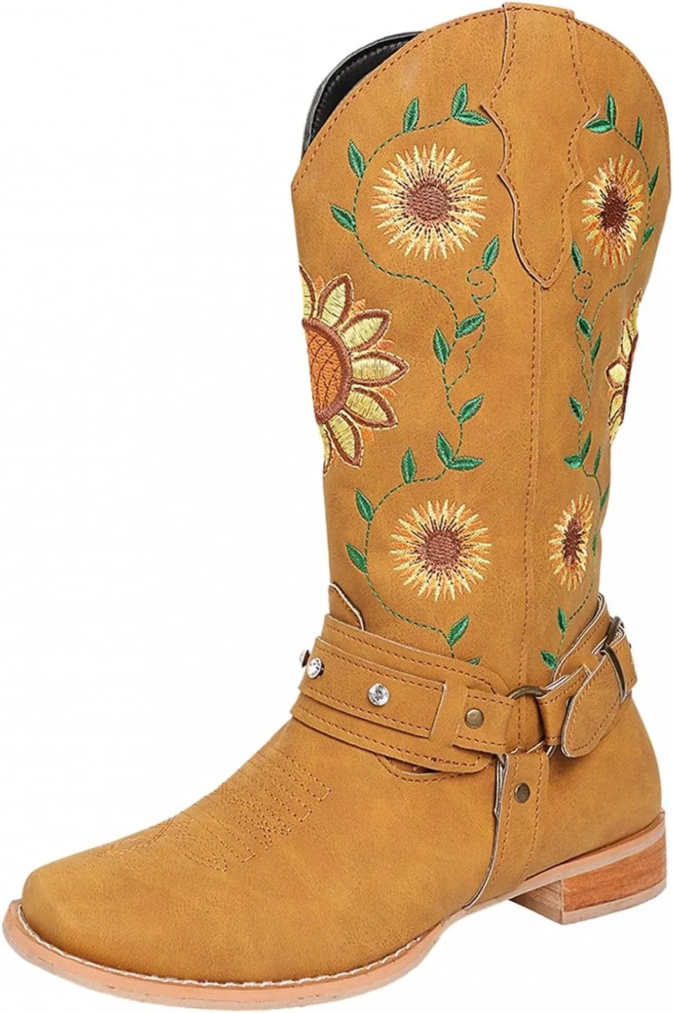 Hbeylia Ethnic Vintage Cowboy Cowgirls Boots For Women Ladies Sunflower Embroidered Fashion Casual Retro Rhinestones Square Toe Chunky Mid Heels Wide Calf Knight Riding Dress Short Boots Boho Beach
