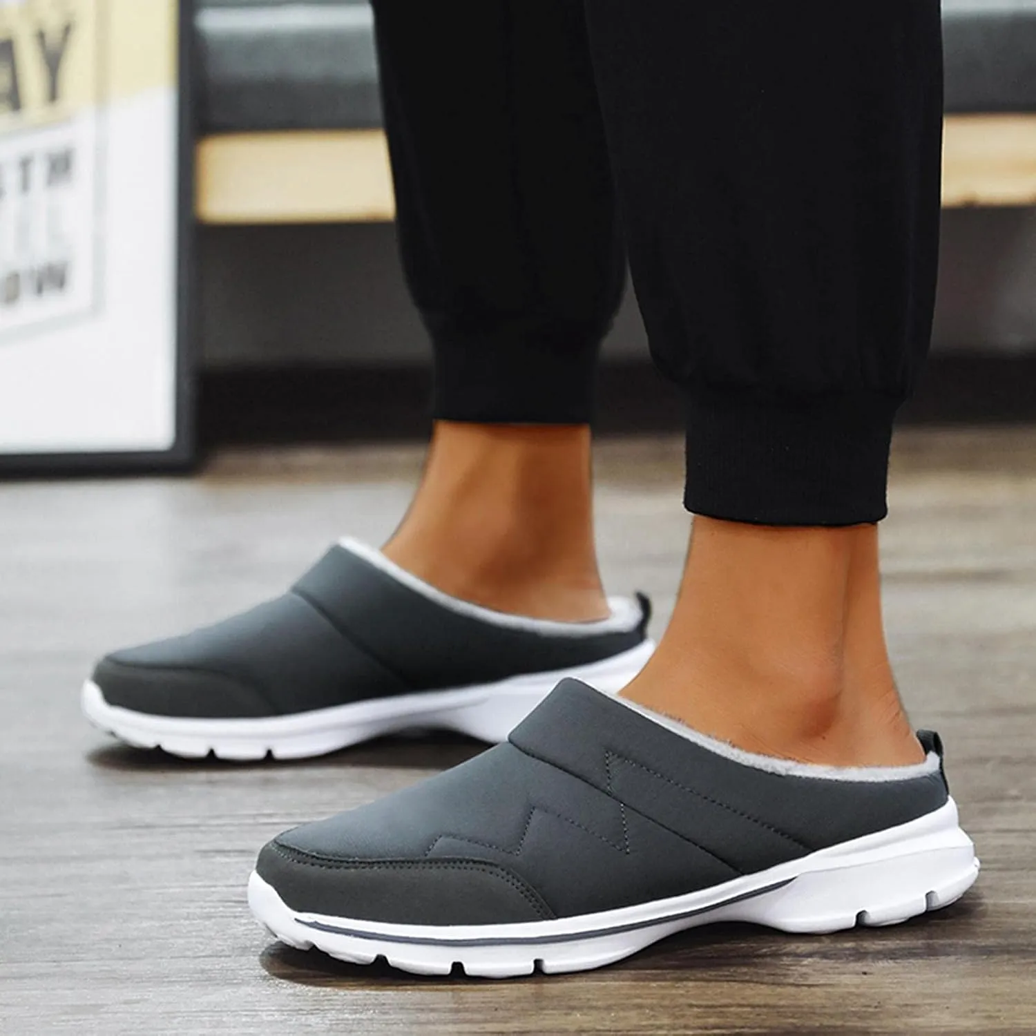 Hbeylia Fuzzy Mule Shoes For Women Men Winter Warm Plush Fur Fleece Lining Low Top Backless Fashion Sneakers Walking Shoes Non Slip Wedge Thermal Slip On Furry Slippers House Shoes For Indoor Outdoor