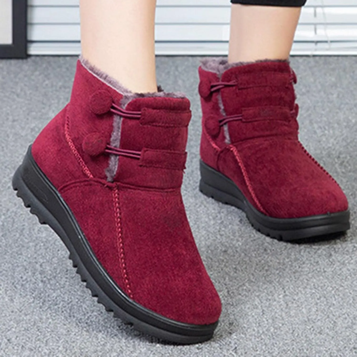 Hbeylia Platform Wedge Winter Snow Boots For Women Fashion Casual Fleece Lining Thermal Chunky Mid Heels Ankle Booties Breathable Cotton Plush Fur Lined Warm Non Slip Winter Short Boots For Walking