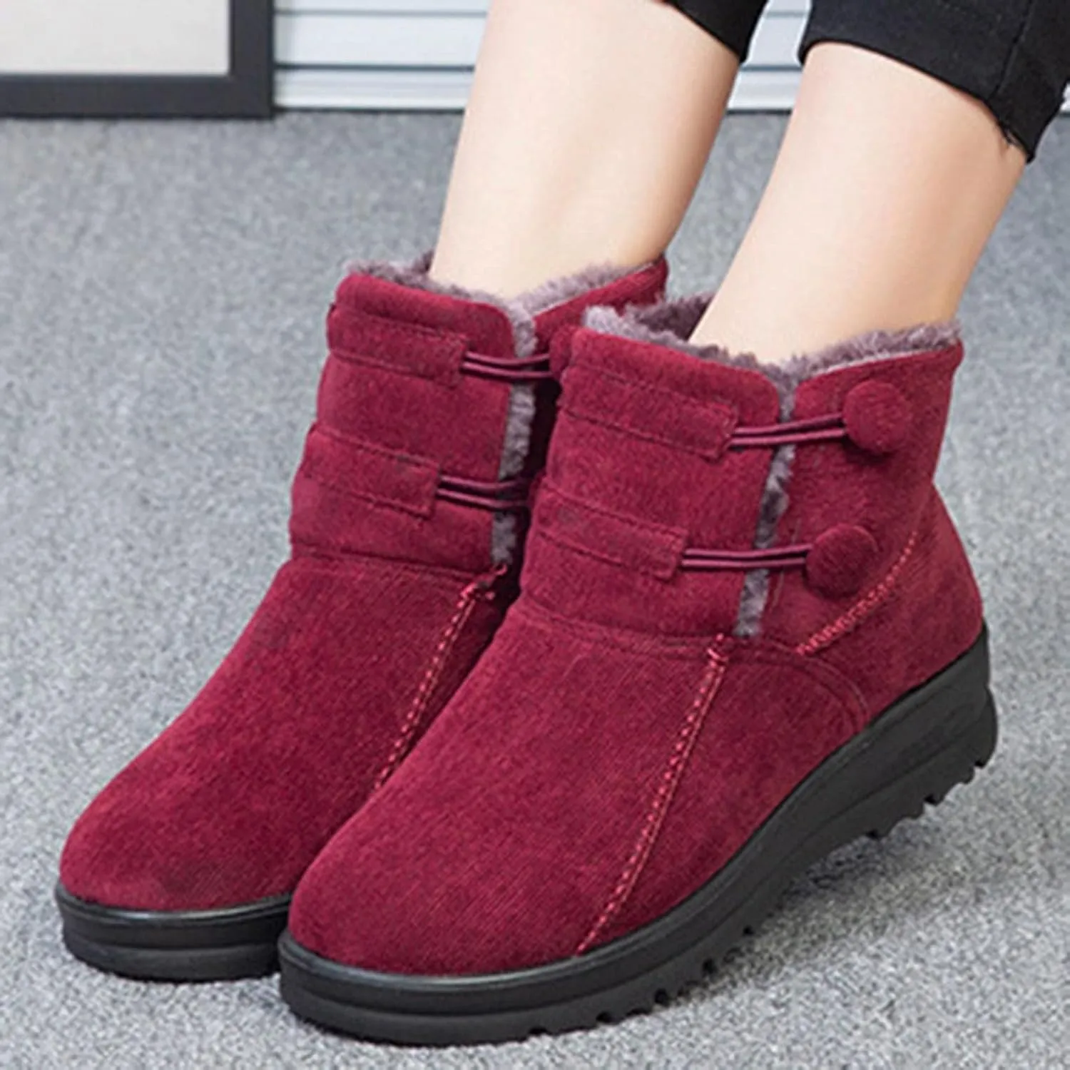 Hbeylia Platform Wedge Winter Snow Boots For Women Fashion Casual Fleece Lining Thermal Chunky Mid Heels Ankle Booties Breathable Cotton Plush Fur Lined Warm Non Slip Winter Short Boots For Walking