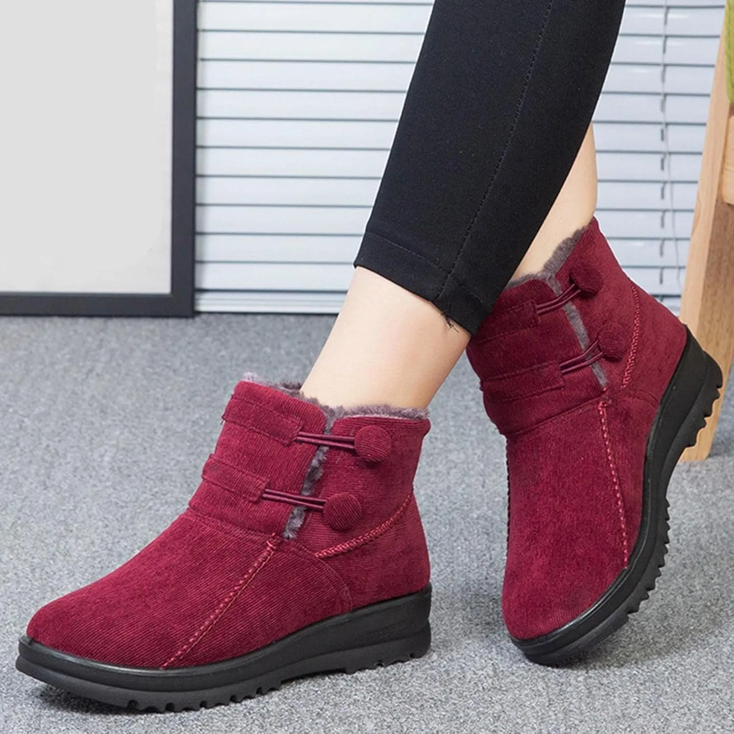 Hbeylia Platform Wedge Winter Snow Boots For Women Fashion Casual Fleece Lining Thermal Chunky Mid Heels Ankle Booties Breathable Cotton Plush Fur Lined Warm Non Slip Winter Short Boots For Walking