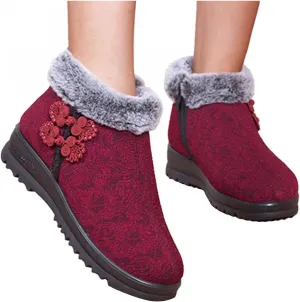 Hbeylia Platform Wedge Winter Snow Boots For Women Vintage Flower Chinese Knot Button Fleece Lining Thermal Chunky Bottom Heels Ankle Booties Comfort Non Slip Fur Fuzzy Walking Shoes Short Boots