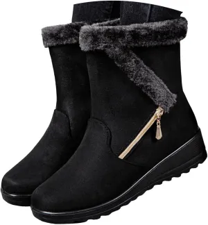 Hbeylia Platform Winter Snow Boots For Women Fleece Lining Flip Warm Wedge Chunky Block Mid Heels Ankle Boots With Side Zipper Thermal Plush Dress Pump Mid Calf Short Boots For Ladies Skirt